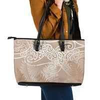 Aotearoa Maori Koru Curves Leather Tote Bag Silver Ferns - Mocha