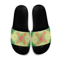 Hawaii Quilt Inspired Collection Aloha Flowers Slide Sandals Plumeria - Ti Leaf Lei LT7 Green - Polynesian Pride