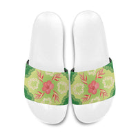 Hawaii Quilt Inspired Collection Aloha Flowers Slide Sandals Plumeria - Ti Leaf Lei LT7 Green - Polynesian Pride
