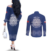 Queen Salote College 100 Years Anniversary Personalized Couples Matching Off The Shoulder Long Sleeve Dress and Long Sleeve Button Shirt Tonga QSC Royal Blue LT7 - Polynesian Pride