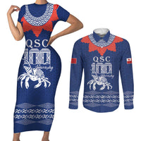 Queen Salote College 100 Years Anniversary Personalized Couples Matching Short Sleeve Bodycon Dress and Long Sleeve Button Shirt Tonga QSC Royal Blue LT7 Royal Blue - Polynesian Pride