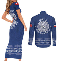 Queen Salote College 100 Years Anniversary Personalized Couples Matching Short Sleeve Bodycon Dress and Long Sleeve Button Shirt Tonga QSC Royal Blue LT7 - Polynesian Pride
