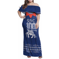 Queen Salote College 100 Years Anniversary Personalized Family Matching Off Shoulder Maxi Dress and Hawaiian Shirt Tonga QSC Royal Blue LT7 Mom's Dress Royal Blue - Polynesian Pride