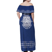 Queen Salote College 100 Years Anniversary Personalized Family Matching Off Shoulder Maxi Dress and Hawaiian Shirt Tonga QSC Royal Blue LT7 - Polynesian Pride