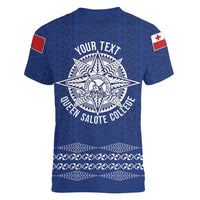 Queen Salote College 100 Years Anniversary Personalized Women V-Neck T-Shirt Tonga QSC Royal Blue LT7 - Polynesian Pride