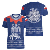 Queen Salote College 100 Years Anniversary Personalized Women V-Neck T-Shirt Tonga QSC Royal Blue LT7 - Polynesian Pride
