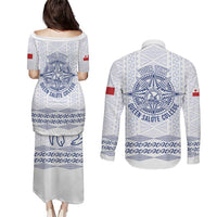 Queen Salote College 100 Years Anniversary Personalized Couples Matching Puletasi and Long Sleeve Button Shirt Tonga QSC White LT7 - Polynesian Pride