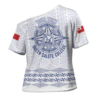 Queen Salote College 100 Years Anniversary Personalized Cross Shoulder Shirt Tonga QSC White - Polynesian Pride