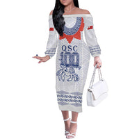 Queen Salote College 100 Years Anniversary Personalized Family Matching Off The Shoulder Long Sleeve Dress and Hawaiian Shirt Tonga QSC White LT7 Mom's Dress White - Polynesian Pride