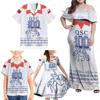 Queen Salote College 100 Years Anniversary Personalized Family Matching Off Shoulder Maxi Dress and Hawaiian Shirt Tonga QSC White LT7 - Polynesian Pride