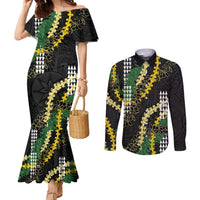 Hawaii Aloha Kakau Couples Matching Mermaid Dress and Long Sleeve Button Shirt Puakenikeni and Maile Lei Twist LT7 Black - Polynesian Pride