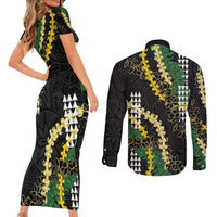 Hawaii Aloha Kakau Couples Matching Short Sleeve Bodycon Dress and Long Sleeve Button Shirt Puakenikeni and Maile Lei Twist LT7 - Polynesian Pride