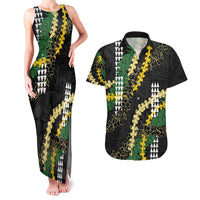 Hawaii Aloha Kakau Couples Matching Tank Maxi Dress and Hawaiian Shirt Puakenikeni and Maile Lei Twist LT7 Black - Polynesian Pride