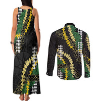 Hawaii Aloha Kakau Couples Matching Tank Maxi Dress and Long Sleeve Button Shirt Puakenikeni and Maile Lei Twist LT7 - Polynesian Pride