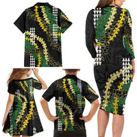 Hawaii Aloha Kakau Family Matching Long Sleeve Bodycon Dress and Hawaiian Shirt Puakenikeni and Maile Lei Twist LT7 - Polynesian Pride