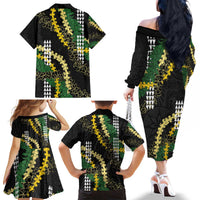 Hawaii Aloha Kakau Family Matching Off The Shoulder Long Sleeve Dress and Hawaiian Shirt Puakenikeni and Maile Lei Twist LT7 - Polynesian Pride