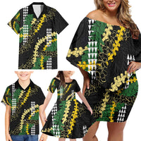 Hawaii Aloha Kakau Family Matching Off Shoulder Short Dress and Hawaiian Shirt Puakenikeni and Maile Lei Twist LT7 - Polynesian Pride