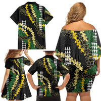 Hawaii Aloha Kakau Family Matching Off Shoulder Short Dress and Hawaiian Shirt Puakenikeni and Maile Lei Twist LT7 - Polynesian Pride