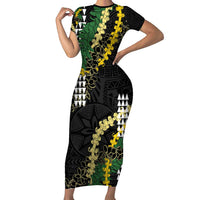 Hawaii Aloha Kakau Family Matching Short Sleeve Bodycon Dress and Hawaiian Shirt Puakenikeni and Maile Lei Twist LT7 Mom's Dress Black - Polynesian Pride
