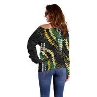 Hawaii Aloha Kakau Off Shoulder Sweater Puakenikeni and Maile Lei Twist