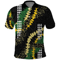 Hawaii Aloha Kakau Polo Shirt Puakenikeni and Maile Lei Twist LT7 Black - Polynesian Pride