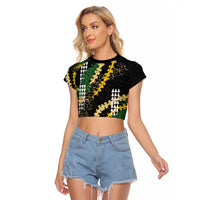 Hawaii Aloha Kakau Raglan Cropped T Shirt Puakenikeni and Maile Lei Twist LT7 Female Black - Polynesian Pride