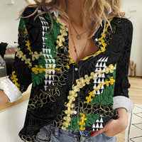 Hawaii Aloha Kakau Women Casual Shirt Puakenikeni and Maile Lei Twist LT7 Female Black - Polynesian Pride