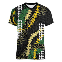 Hawaii Aloha Kakau Women V-Neck T-Shirt Puakenikeni and Maile Lei Twist LT7 Female Black - Polynesian Pride