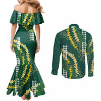 Hawaii Aloha Kakau Couples Matching Mermaid Dress and Long Sleeve Button Shirt Green Puakenikeni and Maile Lei Twist LT7 - Polynesian Pride