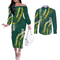 Hawaii Aloha Kakau Couples Matching Off The Shoulder Long Sleeve Dress and Long Sleeve Button Shirt Green Puakenikeni and Maile Lei Twist LT7 Green - Polynesian Pride