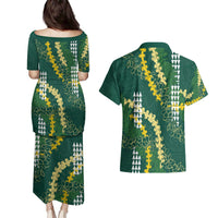 Hawaii Aloha Kakau Couples Matching Puletasi and Hawaiian Shirt Green Puakenikeni and Maile Lei Twist LT7 - Polynesian Pride