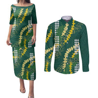 Hawaii Aloha Kakau Couples Matching Puletasi and Long Sleeve Button Shirt Green Puakenikeni and Maile Lei Twist LT7 Green - Polynesian Pride