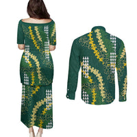Hawaii Aloha Kakau Couples Matching Puletasi and Long Sleeve Button Shirt Green Puakenikeni and Maile Lei Twist LT7 - Polynesian Pride
