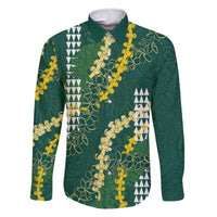 Hawaii Aloha Kakau Family Matching Mermaid Dress and Hawaiian Shirt Green Puakenikeni and Maile Lei Twist LT7 Dad's Shirt - Long Sleeve Green - Polynesian Pride