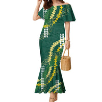 Hawaii Aloha Kakau Family Matching Mermaid Dress and Hawaiian Shirt Green Puakenikeni and Maile Lei Twist LT7 Mom's Dress Green - Polynesian Pride
