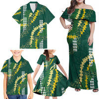 Hawaii Aloha Kakau Family Matching Off Shoulder Maxi Dress and Hawaiian Shirt Green Puakenikeni and Maile Lei Twist LT7 - Polynesian Pride