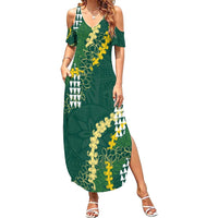 Hawaii Aloha Kakau Family Matching Summer Maxi Dress and Hawaiian Shirt Green Puakenikeni and Maile Lei Twist LT7 Mom's Dress Green - Polynesian Pride