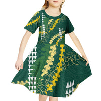 Hawaii Aloha Kakau Kid Short Sleeve Dress Green Puakenikeni and Maile Lei Twist LT7 - Polynesian Pride