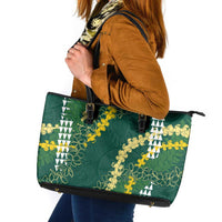 Hawaii Aloha Kakau Leather Tote Bag Green Puakenikeni and Maile Lei Twist LT7 Green - Polynesian Pride