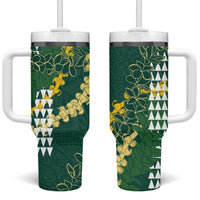 Hawaii Aloha Kakau Tumbler With Handle Green Puakenikeni and Maile Lei Twist LT7 One Size: 40 oz Green - Polynesian Pride
