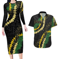 Hawaii Puakenikeni - Maile Lei Couples Matching Long Sleeve Bodycon Dress and Hawaiian Shirt Obsidian Black LT7 Black - Polynesian Pride