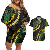 Hawaii Puakenikeni - Maile Lei Couples Matching Off Shoulder Short Dress and Hawaiian Shirt Obsidian Black LT7 Black - Polynesian Pride