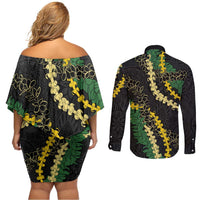 Hawaii Puakenikeni - Maile Lei Couples Matching Off Shoulder Short Dress and Long Sleeve Button Shirt Obsidian Black LT7 - Polynesian Pride