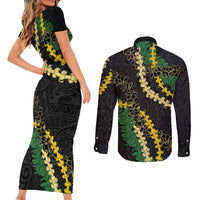 Hawaii Puakenikeni - Maile Lei Couples Matching Short Sleeve Bodycon Dress and Long Sleeve Button Shirt Obsidian Black LT7 - Polynesian Pride