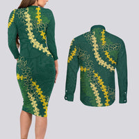 Hawaii Puakenikeni - Maile Lei Couples Matching Long Sleeve Bodycon Dress and Long Sleeve Button Shirt Sage Green LT7 - Polynesian Pride