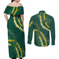 Hawaii Puakenikeni - Maile Lei Couples Matching Off Shoulder Maxi Dress and Long Sleeve Button Shirt Sage Green LT7 - Polynesian Pride