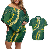 Hawaii Puakenikeni - Maile Lei Couples Matching Off Shoulder Short Dress and Hawaiian Shirt Sage Green LT7 Sage Green - Polynesian Pride