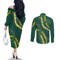 Hawaii Puakenikeni - Maile Lei Couples Matching Off The Shoulder Long Sleeve Dress and Long Sleeve Button Shirt Sage Green LT7 - Polynesian Pride