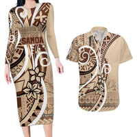 Samoa Siapo Classic Motif Couples Matching Long Sleeve Bodycon Dress and Hawaiian Shirt Manuia le tutoatasi o Samoa Independence LT7 Beige - Polynesian Pride
