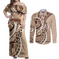 Samoa Siapo Classic Motif Couples Matching Off Shoulder Maxi Dress and Long Sleeve Button Shirt Manuia le tutoatasi o Samoa Independence LT7 Beige - Polynesian Pride
